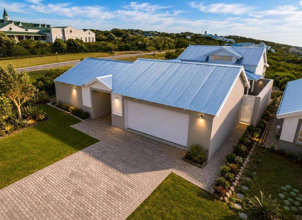 Street-side view of ONPOINT27 Pinnacle Point Lodge with driveway, garage and garden in Mossel Bay